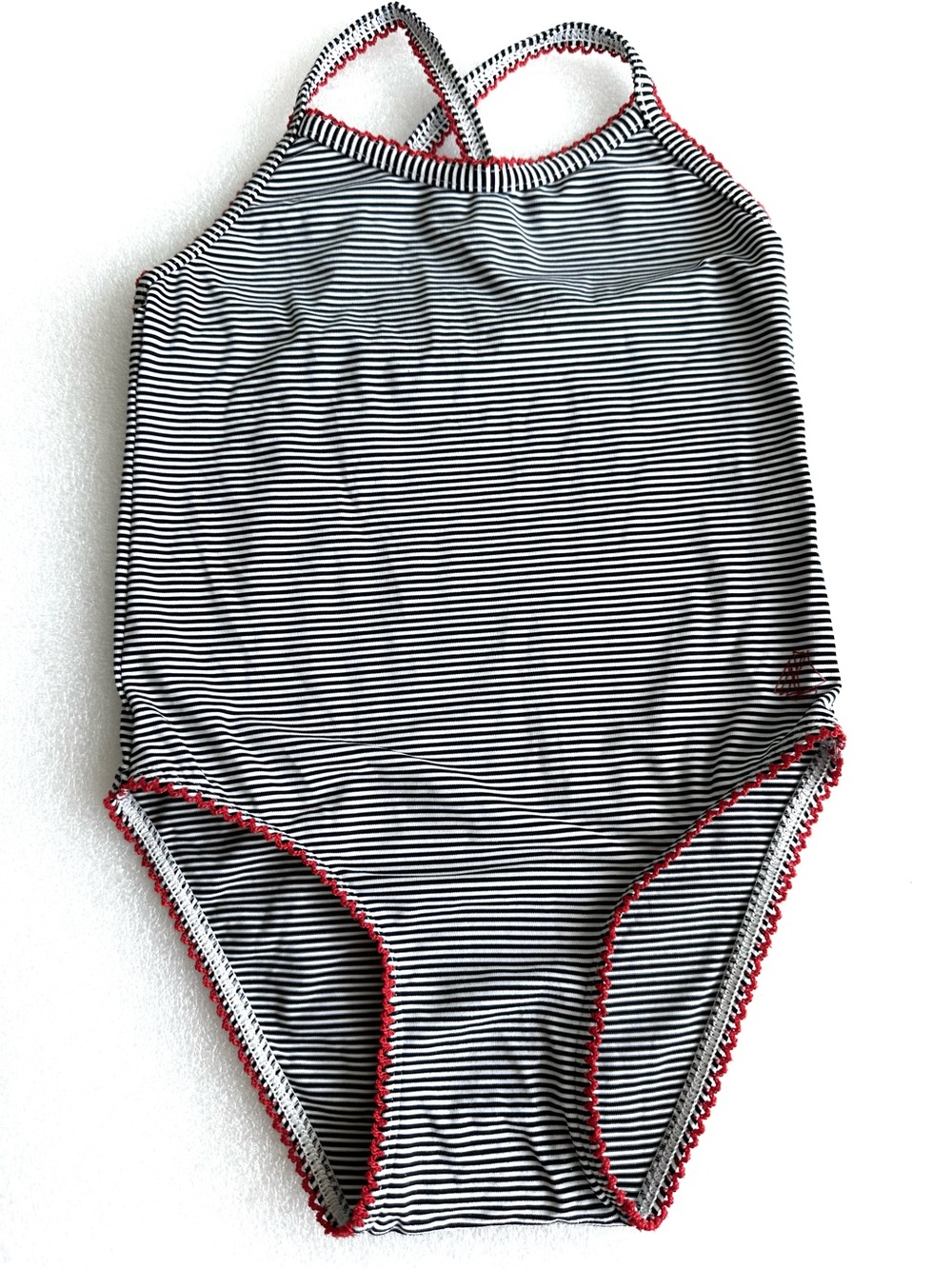 Petit Bateau Black and White Striped Swimwear with Red Trim